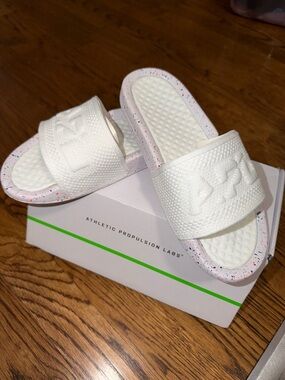 APL White Slide Sandals with Multicolor Speckle Trim